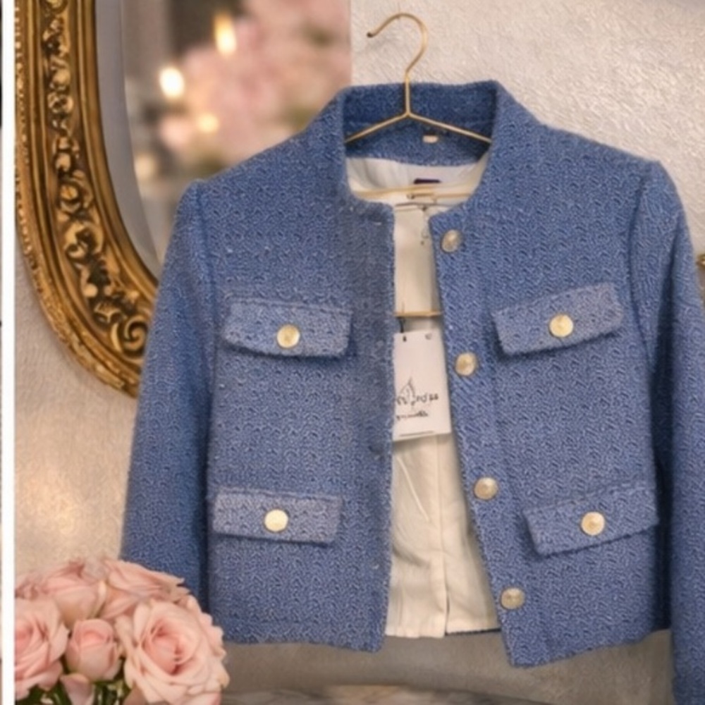 H&M Textured Tweed Style Blazer Blue Gold Button designer Inspired Jacket S NWT